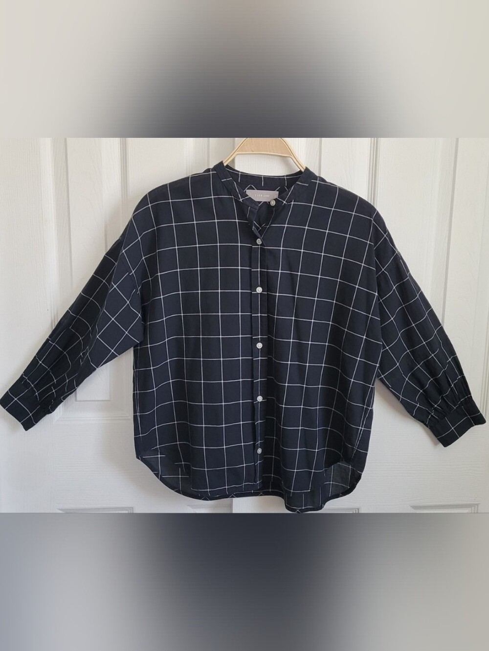 Everlane Navy Windowpane Band-Collar Button-Down Top Oversized, Women's 00